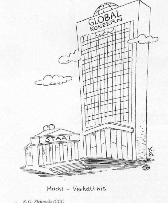 Karikatur von Staat und Globalem Konzern als Gebäude im Größenvergleich